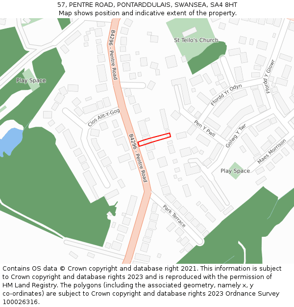 57, PENTRE ROAD, PONTARDDULAIS, SWANSEA, SA4 8HT: Location map and indicative extent of plot