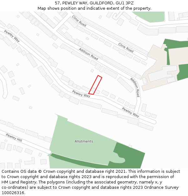 57, PEWLEY WAY, GUILDFORD, GU1 3PZ: Location map and indicative extent of plot