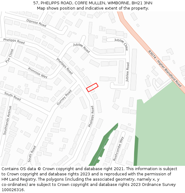 57, PHELIPPS ROAD, CORFE MULLEN, WIMBORNE, BH21 3NN: Location map and indicative extent of plot