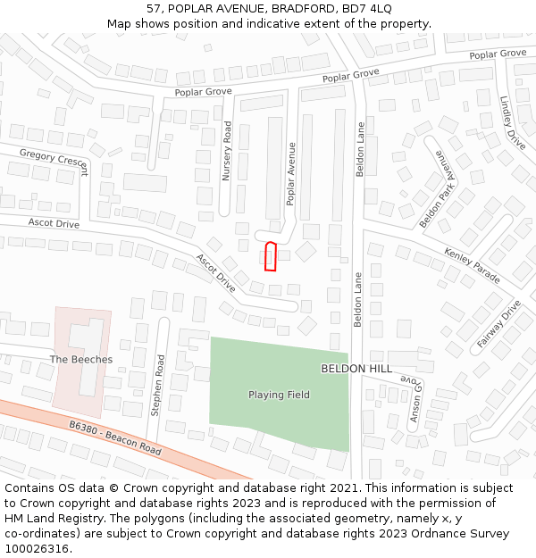 57, POPLAR AVENUE, BRADFORD, BD7 4LQ: Location map and indicative extent of plot