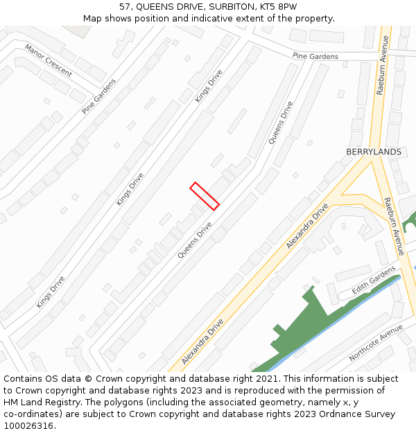 57, QUEENS DRIVE, SURBITON, KT5 8PW: Location map and indicative extent of plot