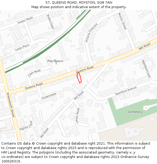 57, QUEENS ROAD, ROYSTON, SG8 7AN: Location map and indicative extent of plot