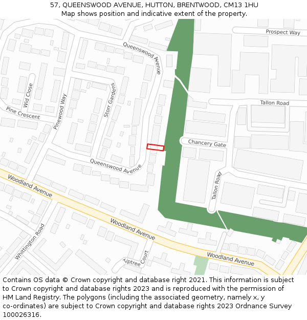 57, QUEENSWOOD AVENUE, HUTTON, BRENTWOOD, CM13 1HU: Location map and indicative extent of plot