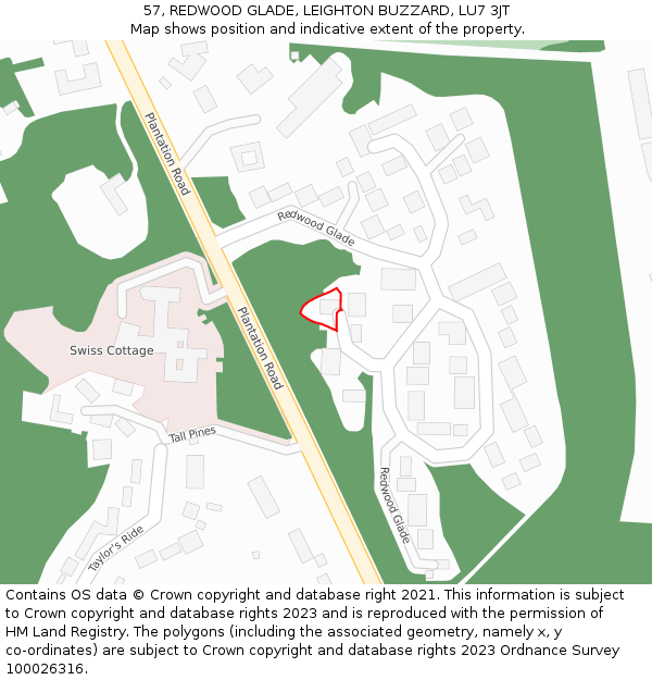 57, REDWOOD GLADE, LEIGHTON BUZZARD, LU7 3JT: Location map and indicative extent of plot