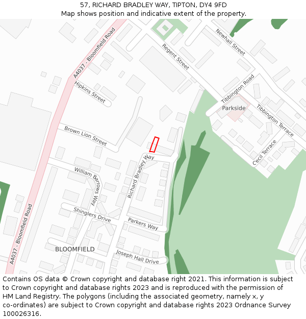 57, RICHARD BRADLEY WAY, TIPTON, DY4 9FD: Location map and indicative extent of plot