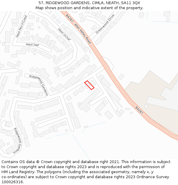 57, RIDGEWOOD GARDENS, CIMLA, NEATH, SA11 3QX: Location map and indicative extent of plot