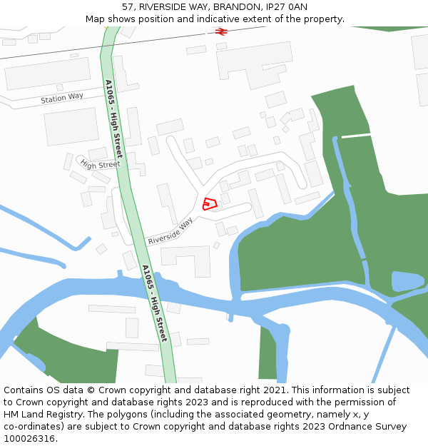 57, RIVERSIDE WAY, BRANDON, IP27 0AN: Location map and indicative extent of plot