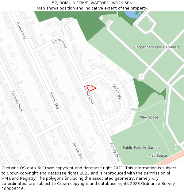 57, ROMILLY DRIVE, WATFORD, WD19 5EN: Location map and indicative extent of plot