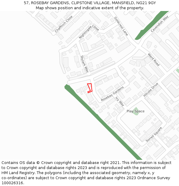 57, ROSEBAY GARDENS, CLIPSTONE VILLAGE, MANSFIELD, NG21 9GY: Location map and indicative extent of plot