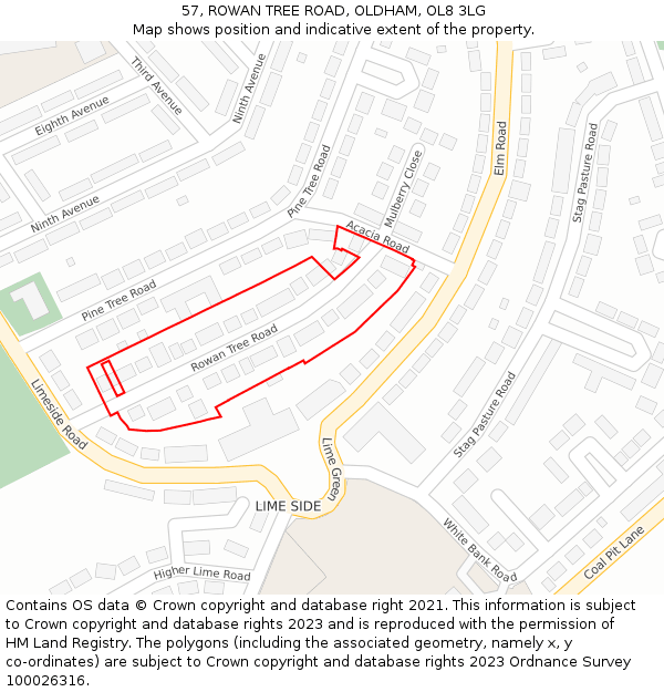 57, ROWAN TREE ROAD, OLDHAM, OL8 3LG: Location map and indicative extent of plot