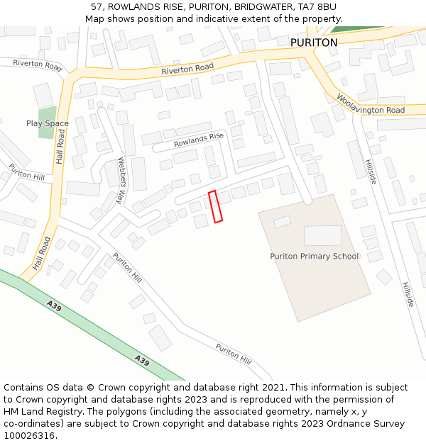 57, ROWLANDS RISE, PURITON, BRIDGWATER, TA7 8BU: Location map and indicative extent of plot