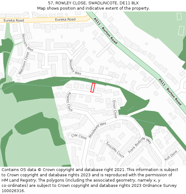 57, ROWLEY CLOSE, SWADLINCOTE, DE11 8LX: Location map and indicative extent of plot