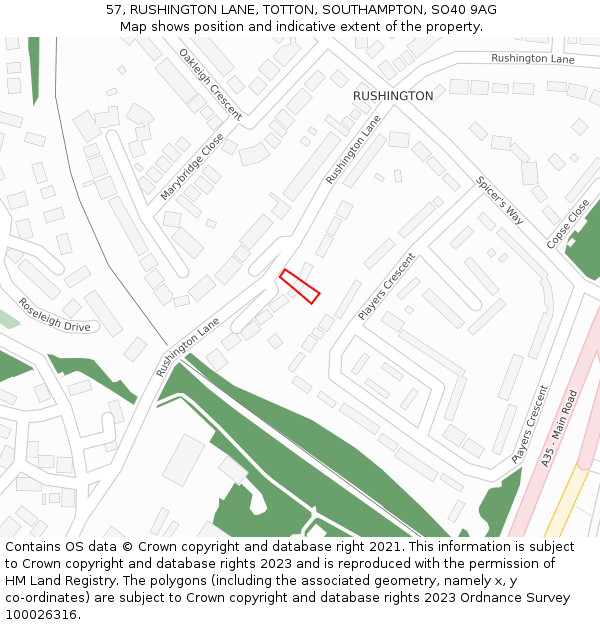 57, RUSHINGTON LANE, TOTTON, SOUTHAMPTON, SO40 9AG: Location map and indicative extent of plot