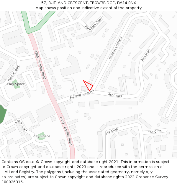 57, RUTLAND CRESCENT, TROWBRIDGE, BA14 0NX: Location map and indicative extent of plot