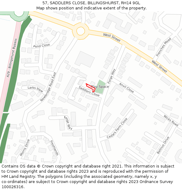 57, SADDLERS CLOSE, BILLINGSHURST, RH14 9GL: Location map and indicative extent of plot