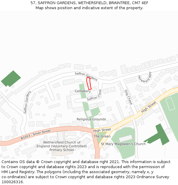 57, SAFFRON GARDENS, WETHERSFIELD, BRAINTREE, CM7 4EF: Location map and indicative extent of plot