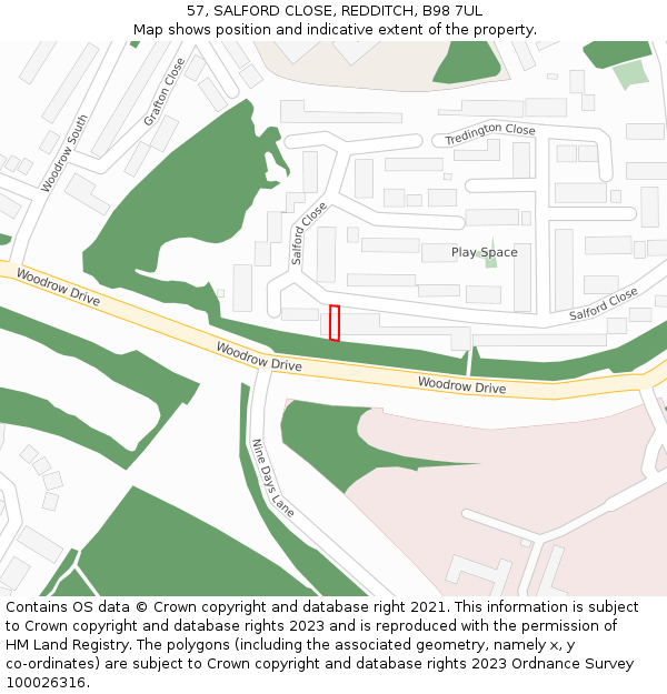 57, SALFORD CLOSE, REDDITCH, B98 7UL: Location map and indicative extent of plot