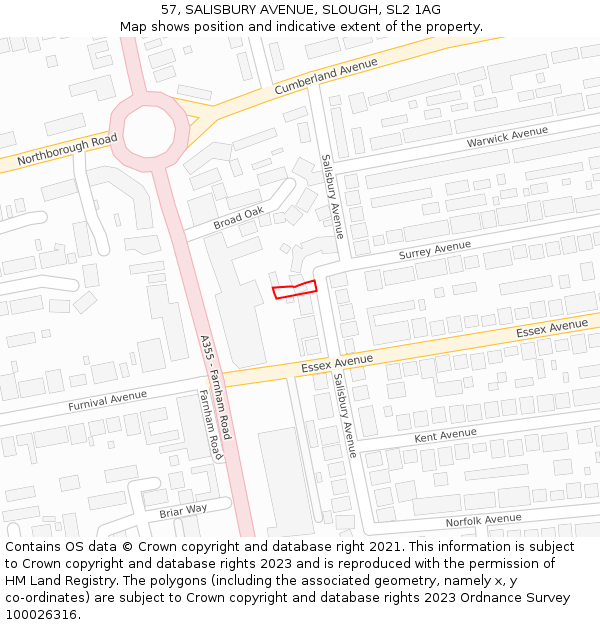 57, SALISBURY AVENUE, SLOUGH, SL2 1AG: Location map and indicative extent of plot