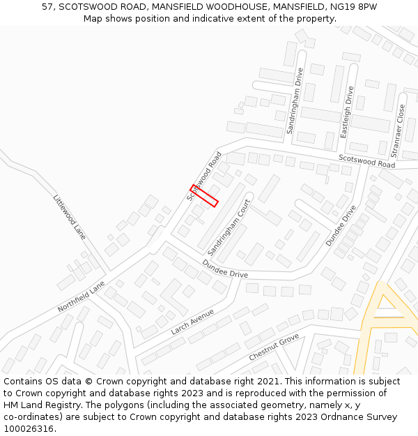 57, SCOTSWOOD ROAD, MANSFIELD WOODHOUSE, MANSFIELD, NG19 8PW: Location map and indicative extent of plot