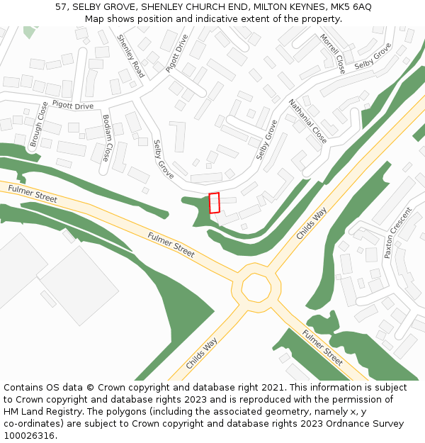 57, SELBY GROVE, SHENLEY CHURCH END, MILTON KEYNES, MK5 6AQ: Location map and indicative extent of plot