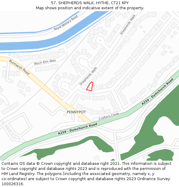 57, SHEPHERDS WALK, HYTHE, CT21 6PY: Location map and indicative extent of plot