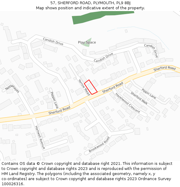 57, SHERFORD ROAD, PLYMOUTH, PL9 8BJ: Location map and indicative extent of plot