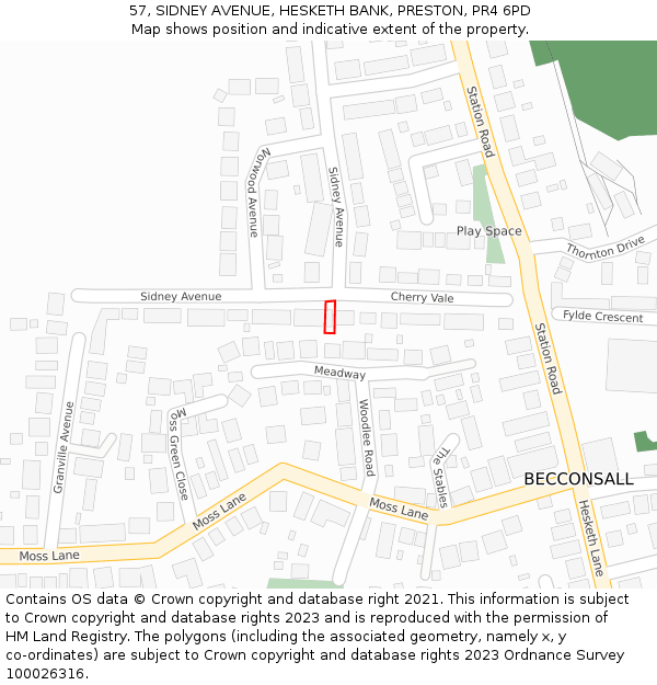 57, SIDNEY AVENUE, HESKETH BANK, PRESTON, PR4 6PD: Location map and indicative extent of plot