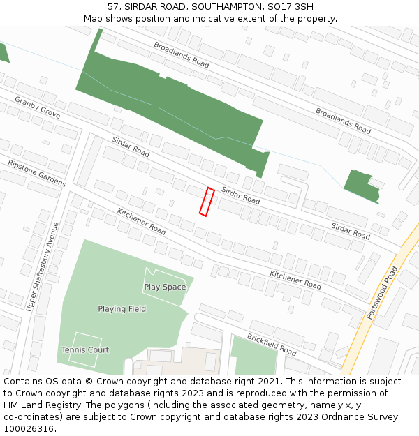 57, SIRDAR ROAD, SOUTHAMPTON, SO17 3SH: Location map and indicative extent of plot