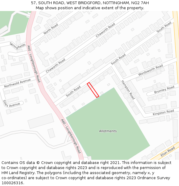 57, SOUTH ROAD, WEST BRIDGFORD, NOTTINGHAM, NG2 7AH: Location map and indicative extent of plot