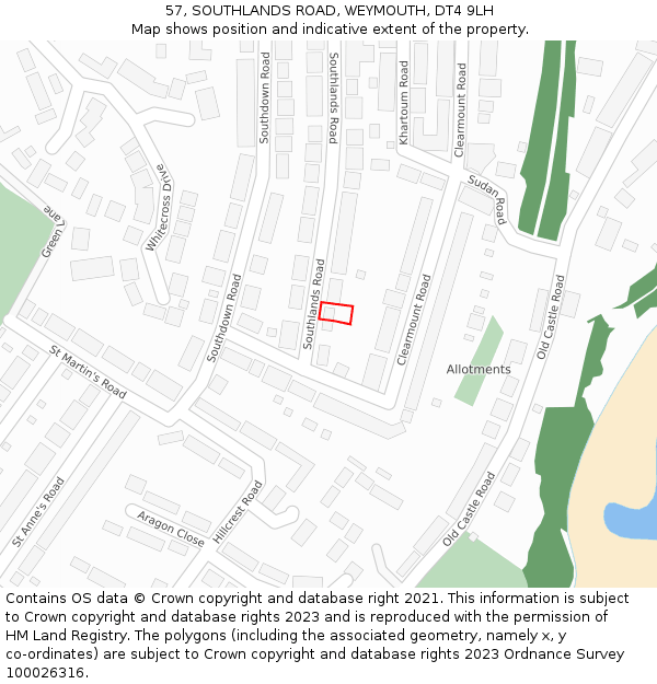 57, SOUTHLANDS ROAD, WEYMOUTH, DT4 9LH: Location map and indicative extent of plot