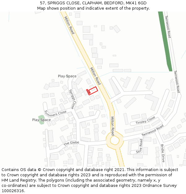 57, SPRIGGS CLOSE, CLAPHAM, BEDFORD, MK41 6GD: Location map and indicative extent of plot