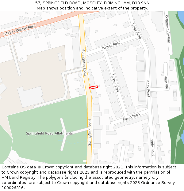 57, SPRINGFIELD ROAD, MOSELEY, BIRMINGHAM, B13 9NN: Location map and indicative extent of plot