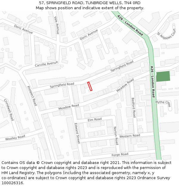 57, SPRINGFIELD ROAD, TUNBRIDGE WELLS, TN4 0RD: Location map and indicative extent of plot