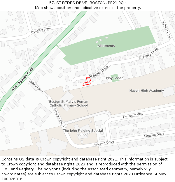 57, ST BEDES DRIVE, BOSTON, PE21 9QH: Location map and indicative extent of plot