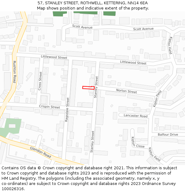 57, STANLEY STREET, ROTHWELL, KETTERING, NN14 6EA: Location map and indicative extent of plot