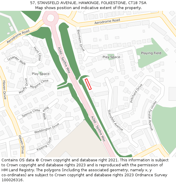 57, STANSFELD AVENUE, HAWKINGE, FOLKESTONE, CT18 7SA: Location map and indicative extent of plot