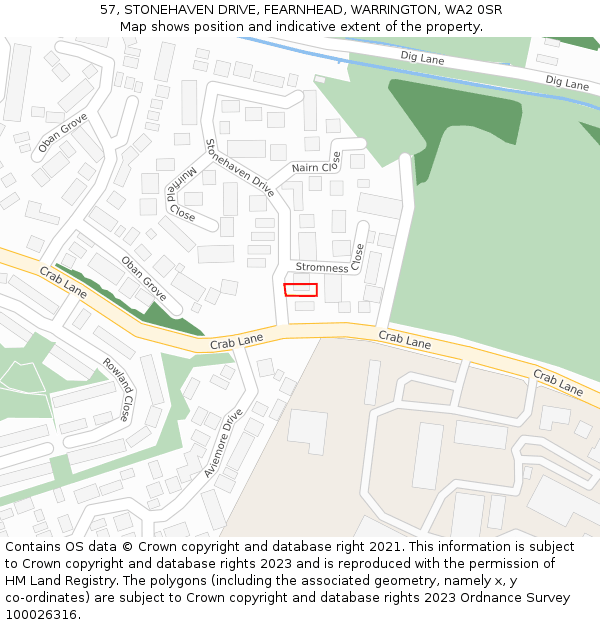 57, STONEHAVEN DRIVE, FEARNHEAD, WARRINGTON, WA2 0SR: Location map and indicative extent of plot