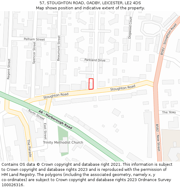 57, STOUGHTON ROAD, OADBY, LEICESTER, LE2 4DS: Location map and indicative extent of plot