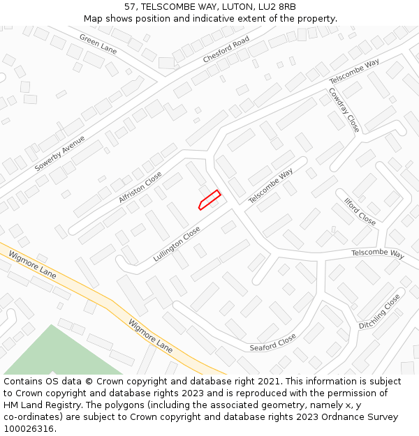 57, TELSCOMBE WAY, LUTON, LU2 8RB: Location map and indicative extent of plot