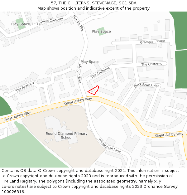 57, THE CHILTERNS, STEVENAGE, SG1 6BA: Location map and indicative extent of plot