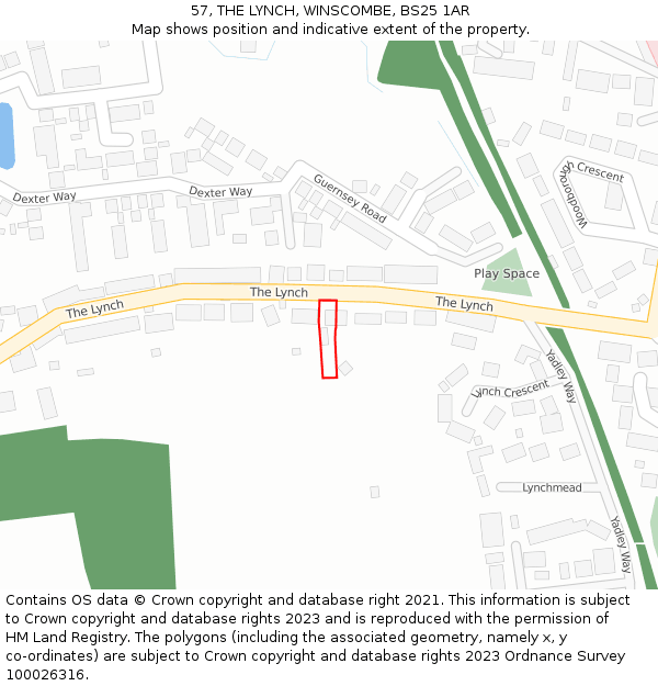 57, THE LYNCH, WINSCOMBE, BS25 1AR: Location map and indicative extent of plot