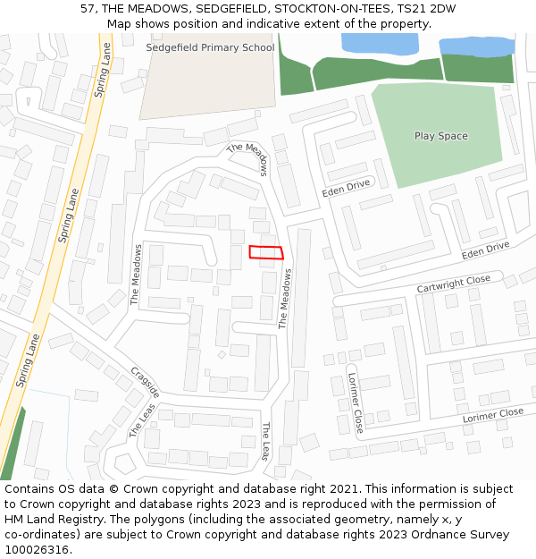 57, THE MEADOWS, SEDGEFIELD, STOCKTON-ON-TEES, TS21 2DW: Location map and indicative extent of plot