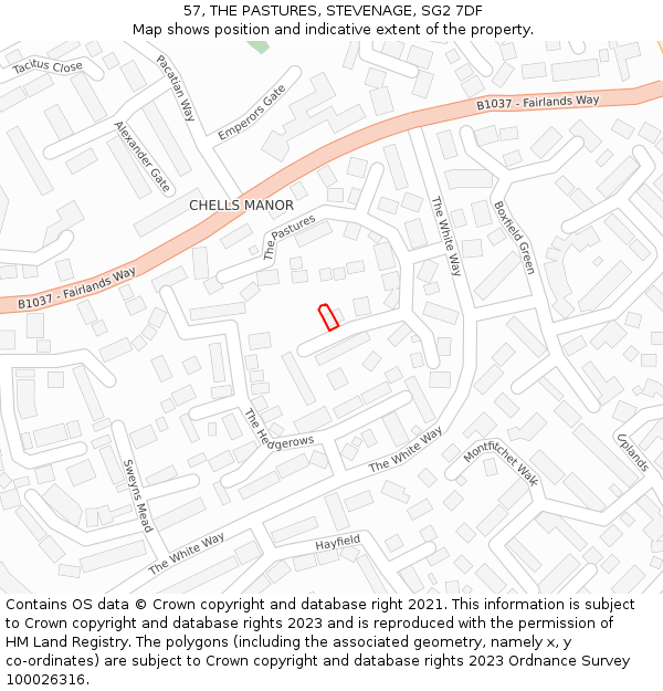 57, THE PASTURES, STEVENAGE, SG2 7DF: Location map and indicative extent of plot