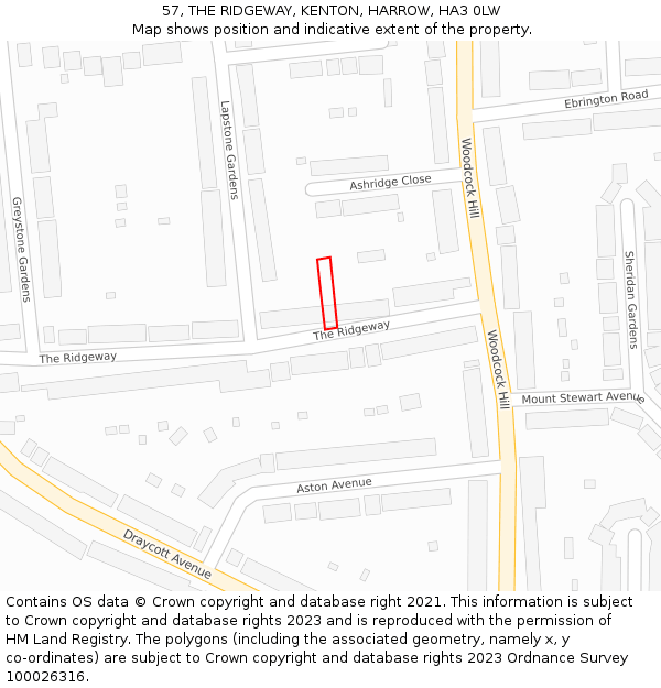 57, THE RIDGEWAY, KENTON, HARROW, HA3 0LW: Location map and indicative extent of plot