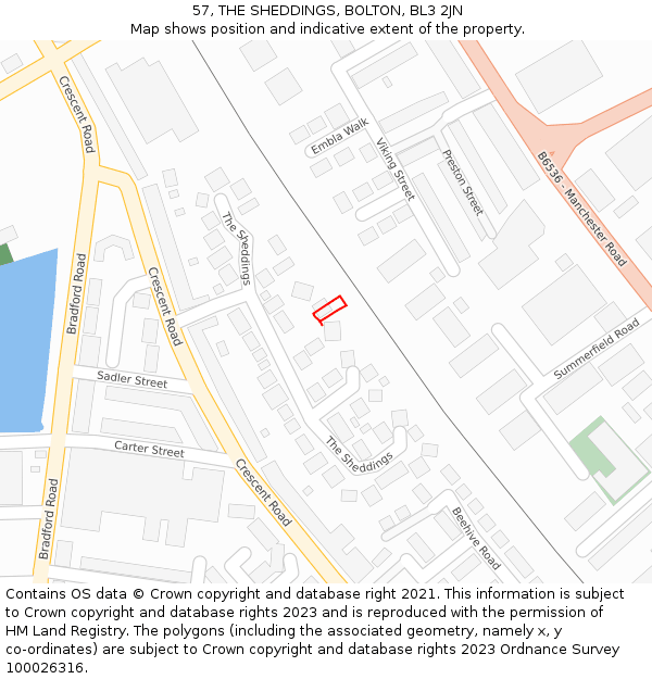 57, THE SHEDDINGS, BOLTON, BL3 2JN: Location map and indicative extent of plot