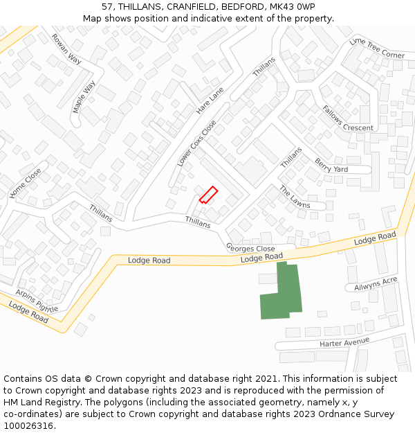 57, THILLANS, CRANFIELD, BEDFORD, MK43 0WP: Location map and indicative extent of plot