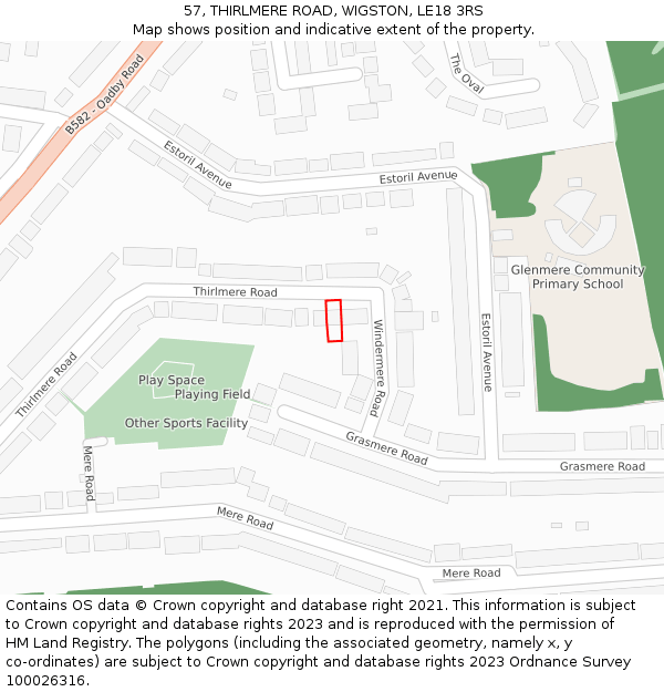 57, THIRLMERE ROAD, WIGSTON, LE18 3RS: Location map and indicative extent of plot