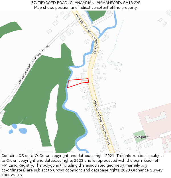 57, TIRYCOED ROAD, GLANAMMAN, AMMANFORD, SA18 2YF: Location map and indicative extent of plot