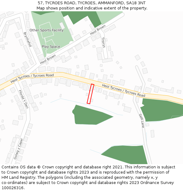 57, TYCROES ROAD, TYCROES, AMMANFORD, SA18 3NT: Location map and indicative extent of plot