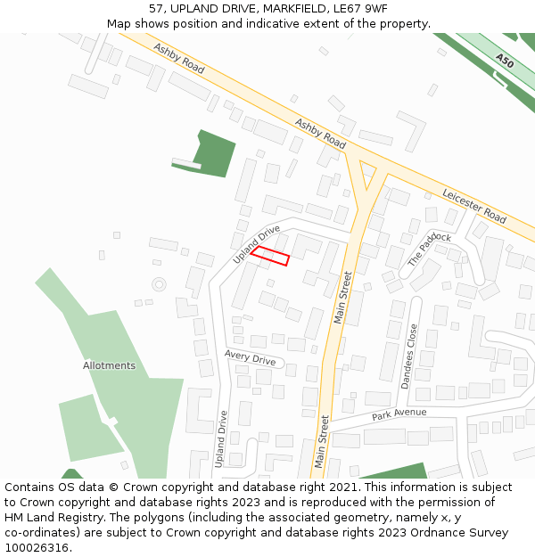 57, UPLAND DRIVE, MARKFIELD, LE67 9WF: Location map and indicative extent of plot